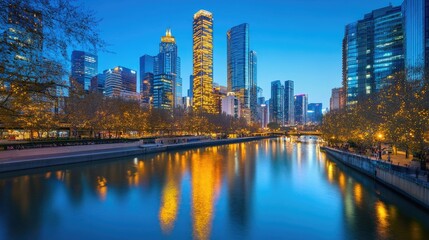 Fototapeta premium Majestic Cityscape at Dusk with Illuminated Skyscrapers Reflecting on Calm River Surface and Lush Trees Lining the Waterfront in Urban Environment