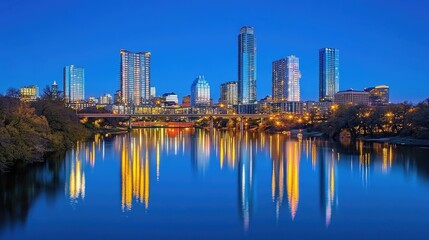Fototapeta premium Stunning Cityscape of Downtown Austin Reflected in Lady Bird Lake at Dusk with Illuminated Skyscrapers and Vibrant Urban Atmosphere Captured in Blue Hour