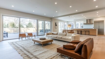 Fototapeta premium Minimalist family room, light color palette, plush rug, minimal decor, warm natural lighting, open space