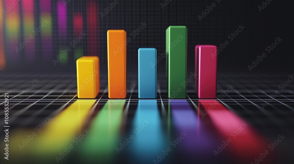 Poster colorful bar graphs displaying data trends on a vivid digital background with reflections highlighti