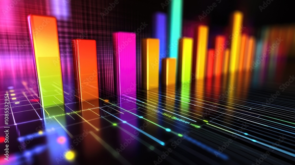 Poster colorful 3d bar graph on reflective surface with digital elements depicting data analytics and busin