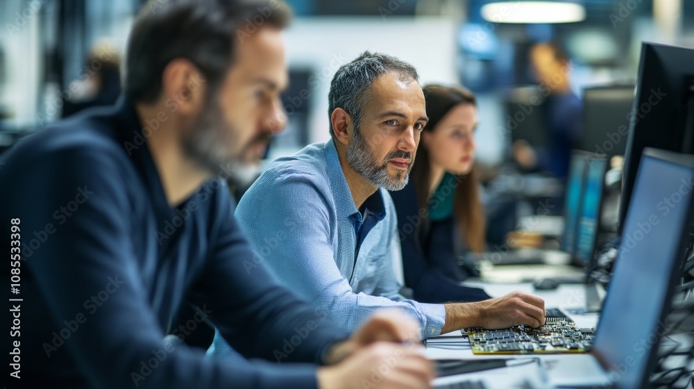 Poster a man is sitting at a desk with a laptop and another man is sitting next to him