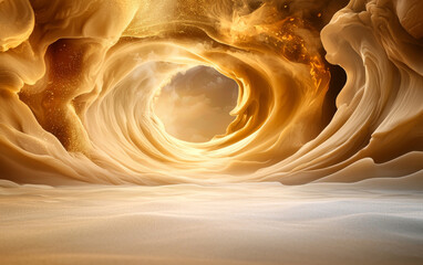 mesmerizing swirl of golden sand and light creates dreamlike, ethereal landscape. flowing textures...