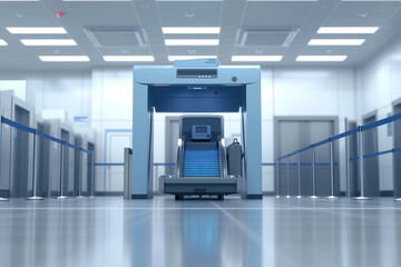 Busy airport security checkpoint features conveyor belt scanning equipment ready for travelers sleek, modern design enhances efficiency of process.
