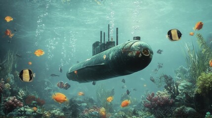 Fototapeta premium Serene Underwater Landscape Featuring a Submarine Surrounded by Colorful Fish and Vibrant Coral Reefs, Capturing the Depths of Ocean Life and Technology in Harmony