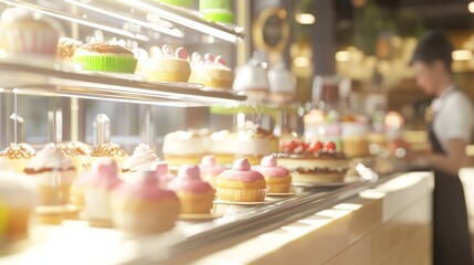 Vivid Bakery Delights: Colorful Pastries and Cakes with Barista Brewing Coffee in Bustling Atmosphere