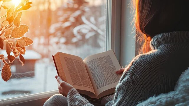 A woman is reading a book while sitting by a window
