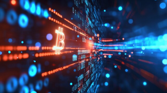 Futuristic Digital Concept Representing Blockchain Technology with Bitcoin Symbol and Glowing Binary Data Streams in Blue and Orange Colors