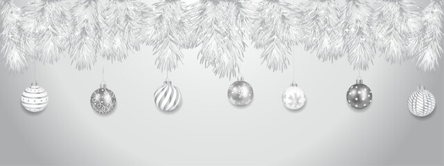 Fototapeta premium fir branches and festive balloons with a silver gradient on a white background