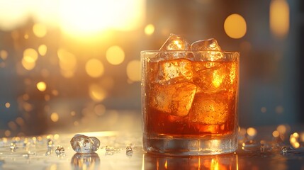 Refreshing cola in glass with crystal clear ice cubes, captured in golden sunlight with condensation droplets and amber liquid creating premium beverage presentation.
