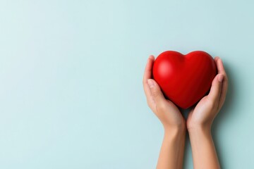 Obraz premium A pair of hands gently holding a vibrant red heart against a soft blue background, symbolizing love and care.