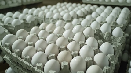 Obraz premium Eggs packed in neat rows inside a carton, with stacks of similar cartons arranged for wholesale.