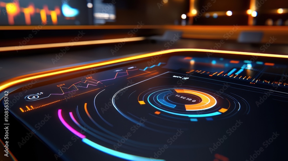 Poster futuristic data visualization interface with dynamic charts and graphs showcasing financial trends i