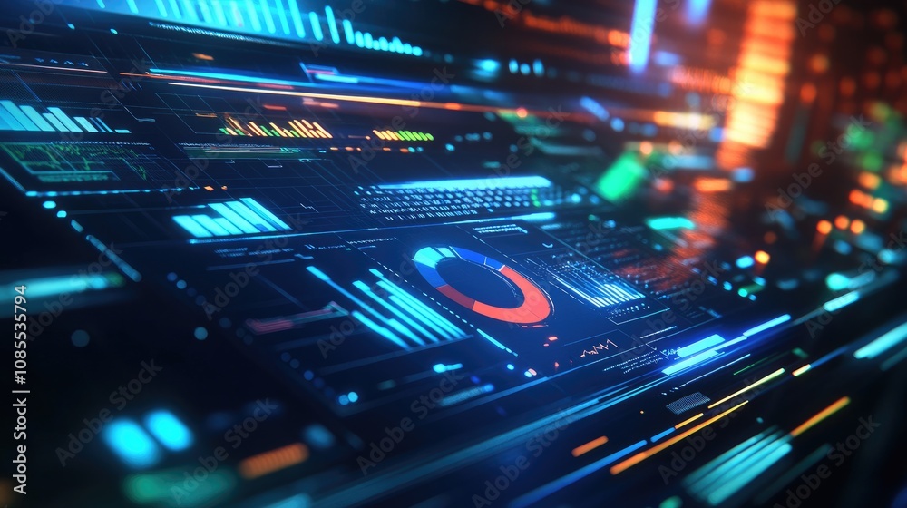 Poster futuristic data visualization in a digital context with colorful graphs, charts, and streams of ligh