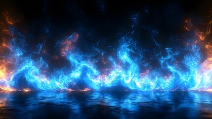 Electric blue flames dancing against black background, creating mystical fire wall effect with ethereal glow and supernatural atmosphere on reflective surface.