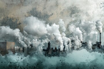 Industrial scene with smoke and pollution, highlighting environmental impact.