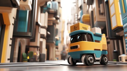 Colorful toy delivery truck navigating a futuristic city filled with abstract buildings, creating a vibrant and playful atmosphere in a digital art setting.