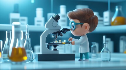 Cute Cartoon Scientist in Laboratory Using Microscope to Analyze Samples Surrounded by Laboratory Equipment and Colorful Chemicals in Flasks and Beakers