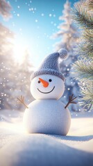 Snowman in Sunny Winter Forest	