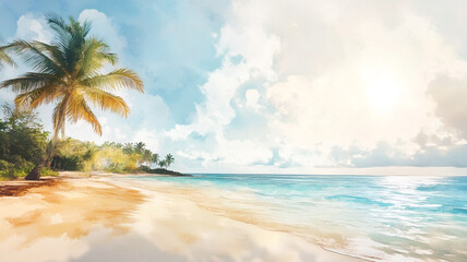 Obraz premium Serene tropical beach with palm trees and gentle waves during a sunny day