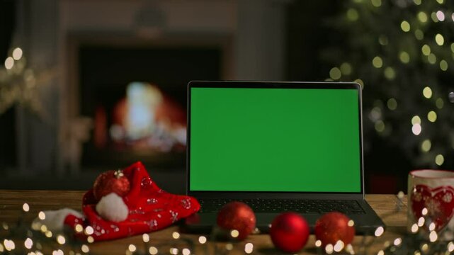 Laptop computer on desk at Christmas. Decorated room with Christmas tree and lights. Cosy winter home with fireplace. Blank green screen for web shop offer and holiday advertisement.