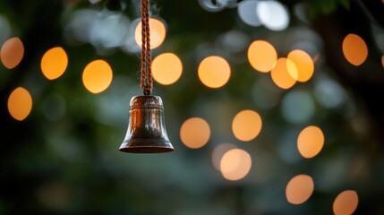 Obraz premium Beautiful Golden Bell Hanging in the Air with Soft Bokeh Lights Creating a Dreamy Atmosphere in a Serene Natural Setting at Dusk