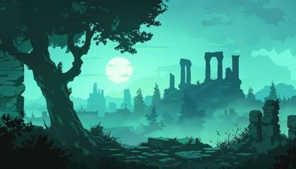 A Silhouetted Ancient Ruin Landscape with a Full Moon