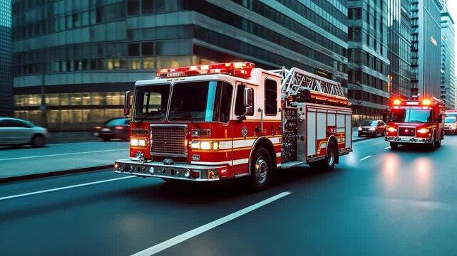 A fire truck is driving down a street with its lights on