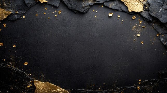 Luxury black chalkboard framed in gold metallic, set against dark stone texture with scattered gold leaf flakes, creating premium aesthetic with dramatic lighting.