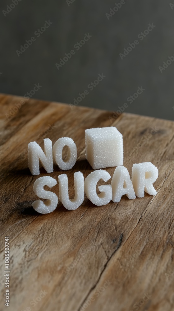 Poster Sugar cubes forming the words no sugar with a sugar cube placed between no and sugar on a wooden table represent the concept of sugar reduction and sugar free lifestyle