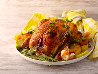 Roast whole chicken  on plate