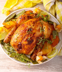 Roast whole chicken  on plate