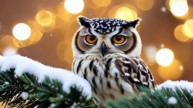 cute little owl aring knitted hat amidst Christmas atmosphere creating playful charming New Year postcard design card bird animal cartoon illustration eye wise feather tree wildlife wild