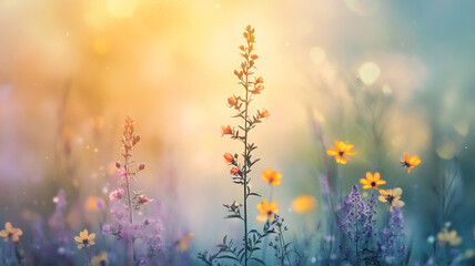 Colorful wildflowers bloom in an enchanting meadow during the golden hour of sunset