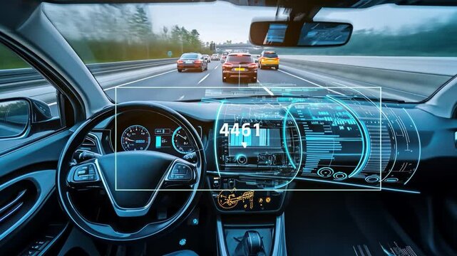 A car is driving down a highway with a dashboard that has a blue screen with a c