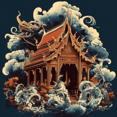 Obraz premium T-shirt design Majestic Thai Mythology Temple 