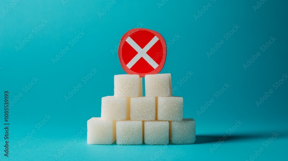 Poster Nine sugar cubes stacked in a pyramid shape supporting a red circle with a white cross, symbolizing the concept of reducing or eliminating sugar intake for a healthier lifestyle