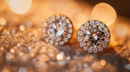 Stunning Close-Up of Elegant Diamond Earrings with Sparkling Details and Warm Bokeh Background, Perfect for Fashion and Luxury Themes