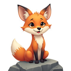 Obraz premium Cute cartoon fox character sitting on a rock with a cheerful expression, transparent background