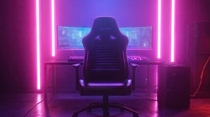 Empty gamer chair in a room illuminated by purple and blue RGB lights, monitors and keyboard casting ambient glow.