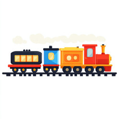 Obraz premium colorful toy train set featuring red locomotive, blue car, and black carriage on tracks, perfect for children playtime and imaginative adventures