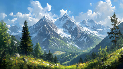 Fototapeta premium mountain, mountains, landscape, nature, forest, snow, alps, sky, trees, clouds, peak, tree, valley, view, summer, green, italy, winter, switzerland, rock, grass, travel, cloud, austria, meadow