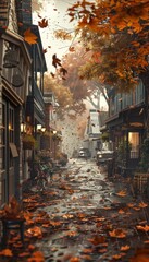 Fototapeta premium Picturesque Autumn Street with Falling Leaves and Rain for Nostalgic Wall Art and Decor