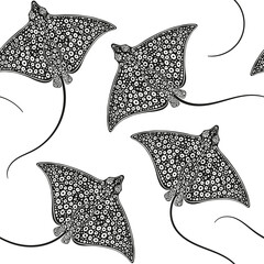 Spotted Eagle Ray, underwater stingray giant ocean animals. Seamless vector pattern with  sea ​​creatures. Nature stylish background. Silhouette. Black and white.  Perfect for wallpaper, wrapping