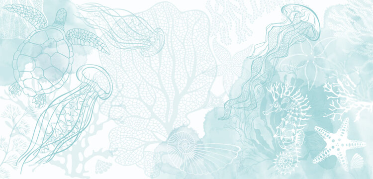 Sea animals,  sea creature and underwater plants. Art sea background. Vector. Luxury design with blue watercolor splashes. Template design for text, packaging, prints, layout decorative greeting card 