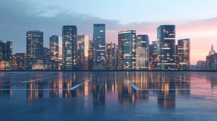 Naklejka premium Empty parking lot facing a modern city skyline at twilight, buildings illuminated and casting reflections on glass.