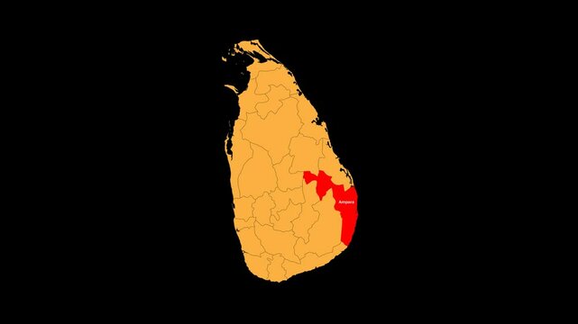 Ampara map animated video. The location is highlighted on the Srilanka map. Colour map with transparent background in video format.