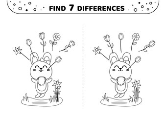 Find 7 differences. Jumping rabbit and flowers. Blackand white game. Printable isolated vector illustration eps 10
