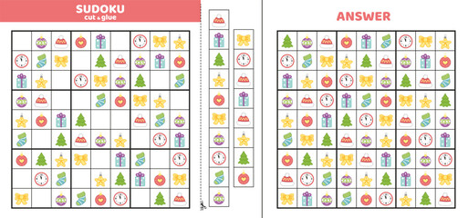 Hard sudoku with Christmas elements. Game puzzle for kids. Cut and glue. Cartoon, isolated, vector, eps 10
