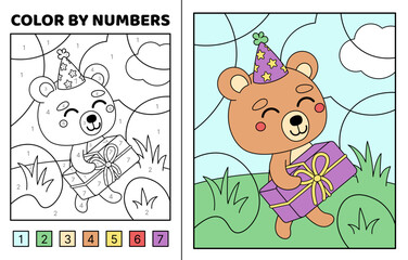 Color by number. Cheerful bear and gift on Birthday. Coloring page. Game for kids. Kawaii, cartoon, vector. Isolated vector illustration eps 10